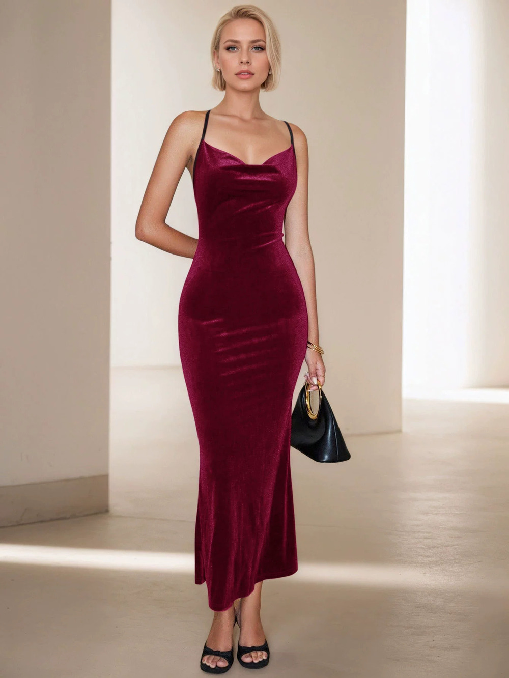 ZARA Spring Summer Velvet Spaghetti Strap Midi Dress Elegant Party